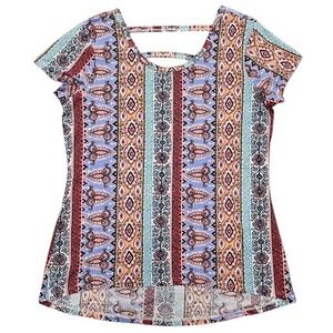 Bobbie Brooks Womens Boho Paisley Stripe Short Sleeve Strappy Back Top Medium